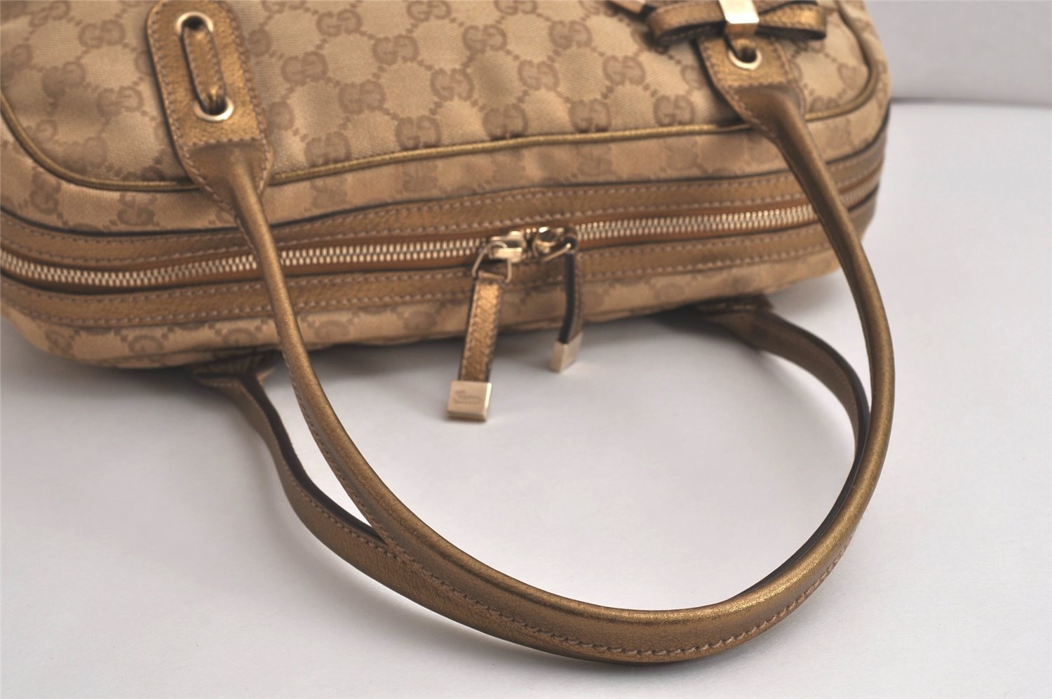 Authentic GUCCI Princy Ribbon GG Canvas Leather Hand Bag 161720 Beige 0217K