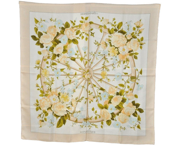 Authentic HERMES Carre 90 Scarf "ROMANTIQUE" Silk Beige 0226J