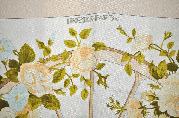 Authentic HERMES Carre 90 Scarf "ROMANTIQUE" Silk Beige 0226J