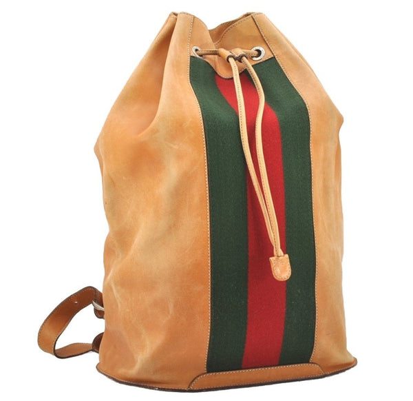 Authentic GUCCI Web Sherry Line Drawstring Backpack Leather Beige Junk 0233J