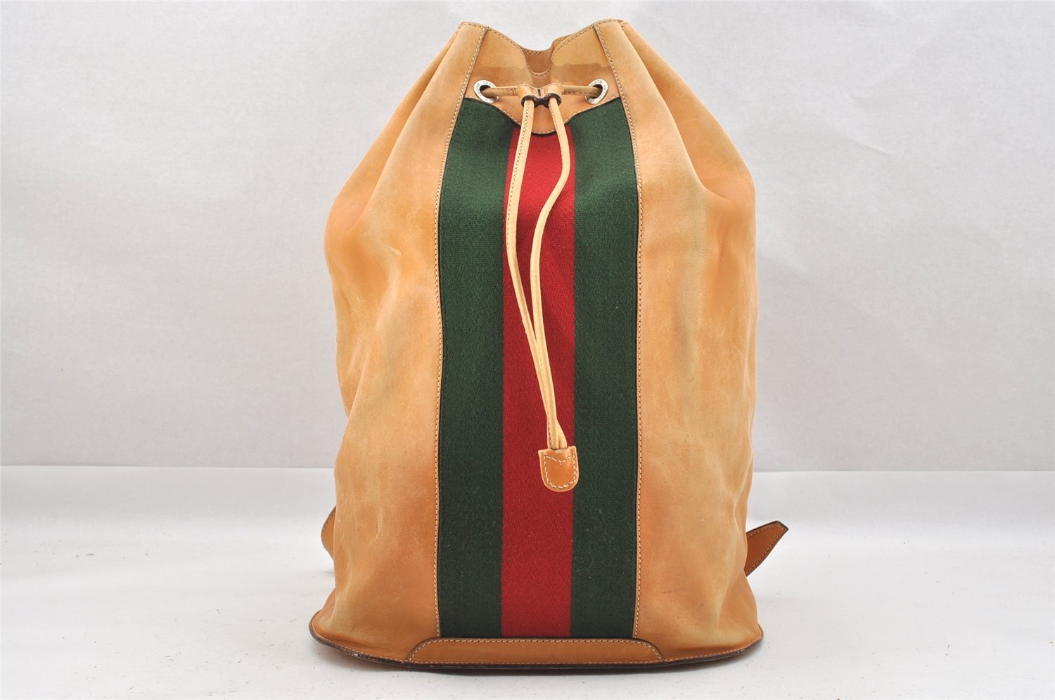 Authentic GUCCI Web Sherry Line Drawstring Backpack Leather Beige Junk 0233J