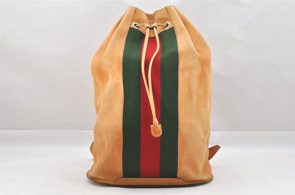Authentic GUCCI Web Sherry Line Drawstring Backpack Leather Beige Junk 0233J