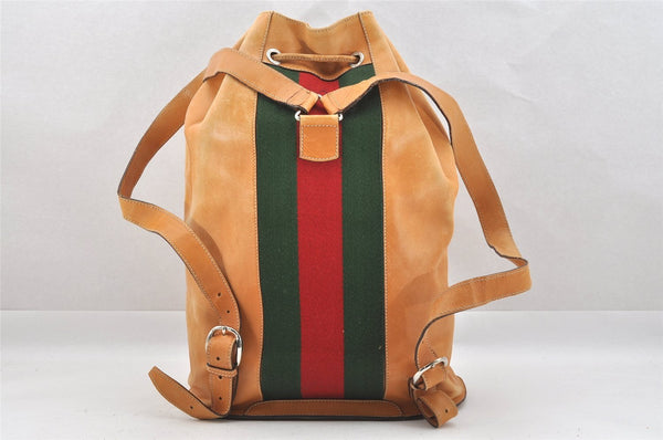 Authentic GUCCI Web Sherry Line Drawstring Backpack Leather Beige Junk 0233J