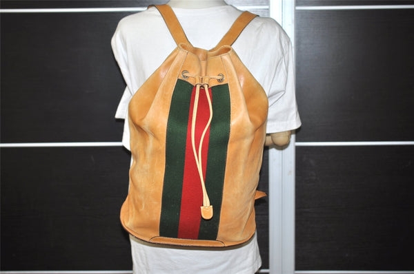 Authentic GUCCI Web Sherry Line Drawstring Backpack Leather Beige Junk 0233J