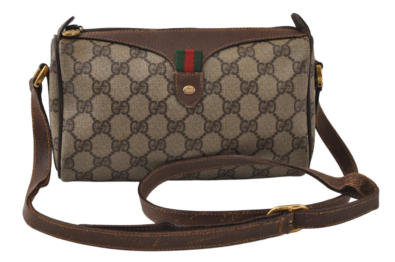 Authentic GUCCI Web Sherry Line Shoulder Cross Bag GG PVC Leather Brown 0235J