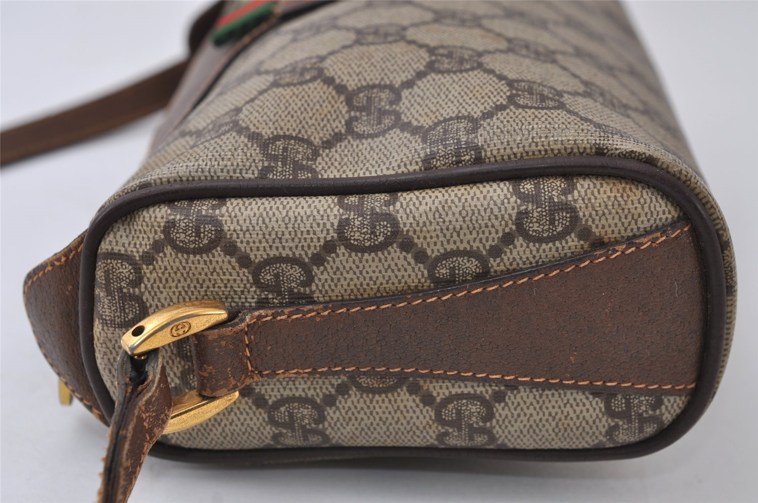 Authentic GUCCI Web Sherry Line Shoulder Cross Bag GG PVC Leather Brown 0235J