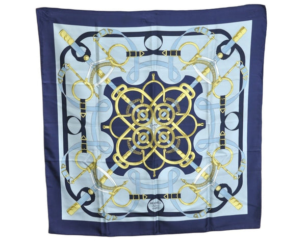 Authentic HERMES Carre 90 Scarf "Eperon d' or" Silk Navy 0241J