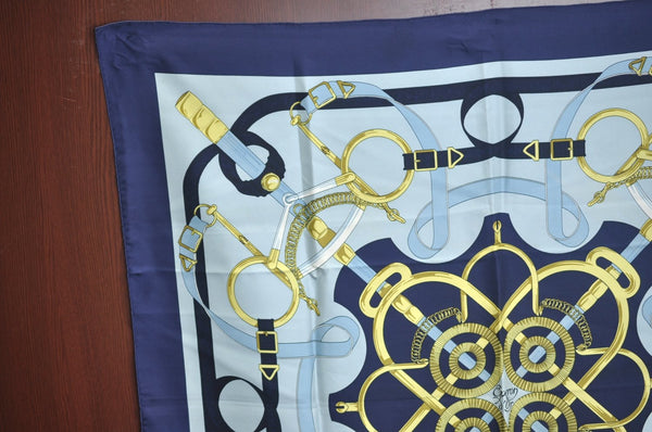 Authentic HERMES Carre 90 Scarf "Eperon d' or" Silk Navy 0241J