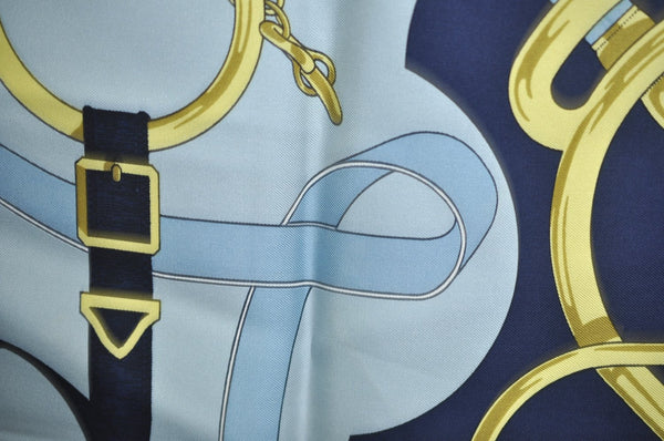 Authentic HERMES Carre 90 Scarf "Eperon d' or" Silk Navy 0241J