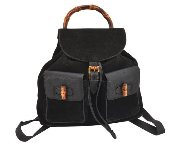 Authentic GUCCI Vintage Bamboo Drawstring Backpack Suede Leather Black 0241K