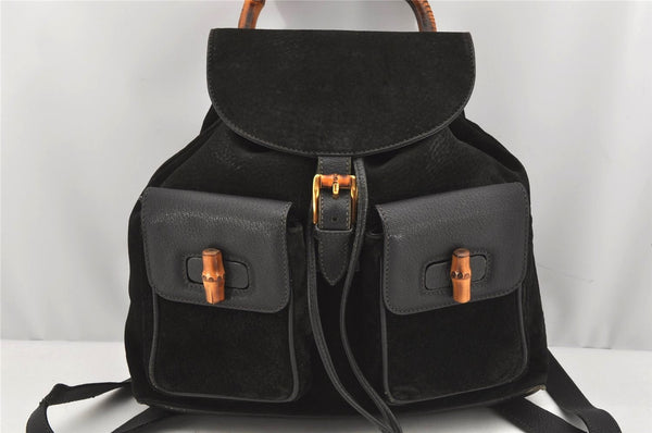 Authentic GUCCI Vintage Bamboo Drawstring Backpack Suede Leather Black 0241K