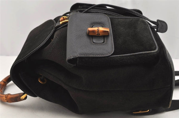 Authentic GUCCI Vintage Bamboo Drawstring Backpack Suede Leather Black 0241K