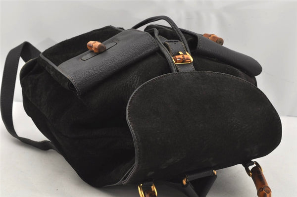 Authentic GUCCI Vintage Bamboo Drawstring Backpack Suede Leather Black 0241K