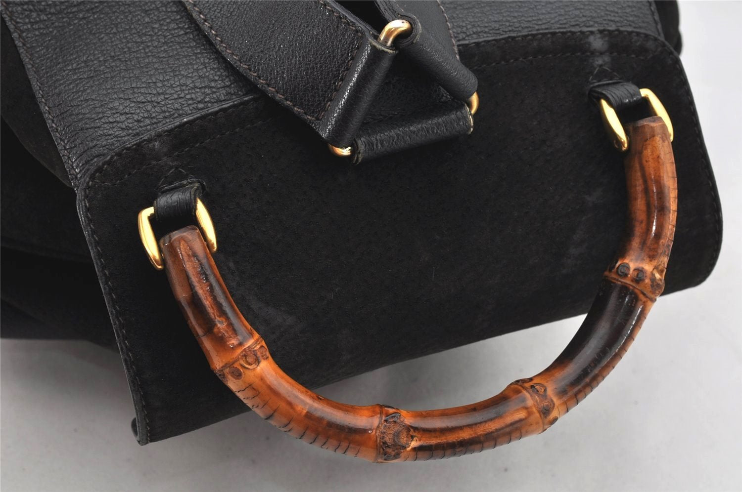 Authentic GUCCI Vintage Bamboo Drawstring Backpack Suede Leather Black 0241K