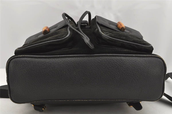 Authentic GUCCI Vintage Bamboo Drawstring Backpack Suede Leather Black 0241K