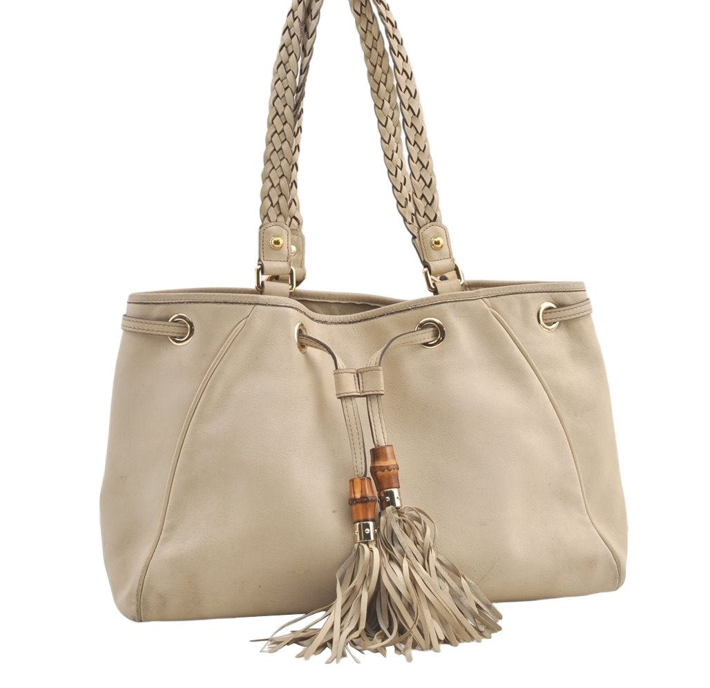 Authentic GUCCI Bamboo Shoulder Tote Drawstring Bag Leather 170582 White 0244K