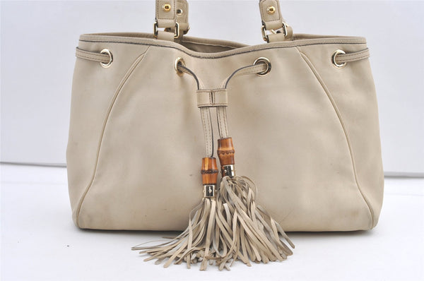 Authentic GUCCI Bamboo Shoulder Tote Drawstring Bag Leather 170582 White 0244K
