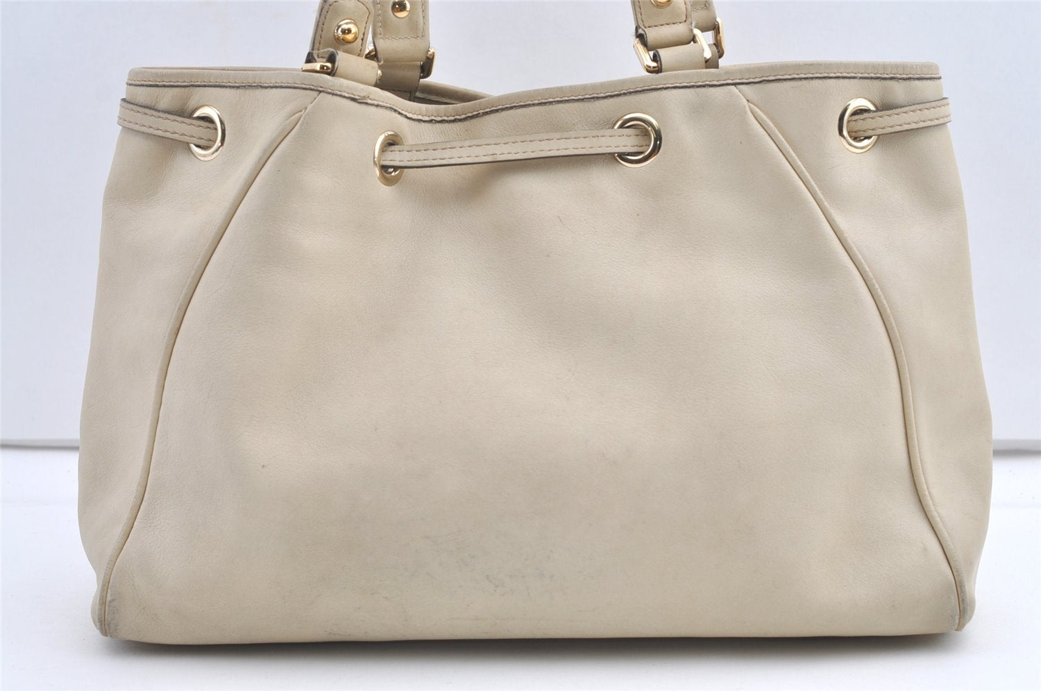 Authentic GUCCI Bamboo Shoulder Tote Drawstring Bag Leather 170582 White 0244K