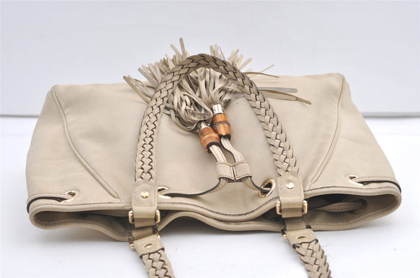 Authentic GUCCI Bamboo Shoulder Tote Drawstring Bag Leather 170582 White 0244K