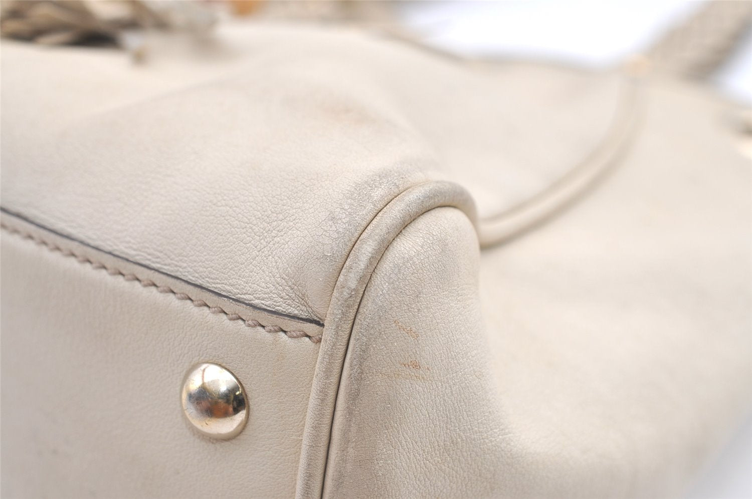 Authentic GUCCI Bamboo Shoulder Tote Drawstring Bag Leather 170582 White 0244K