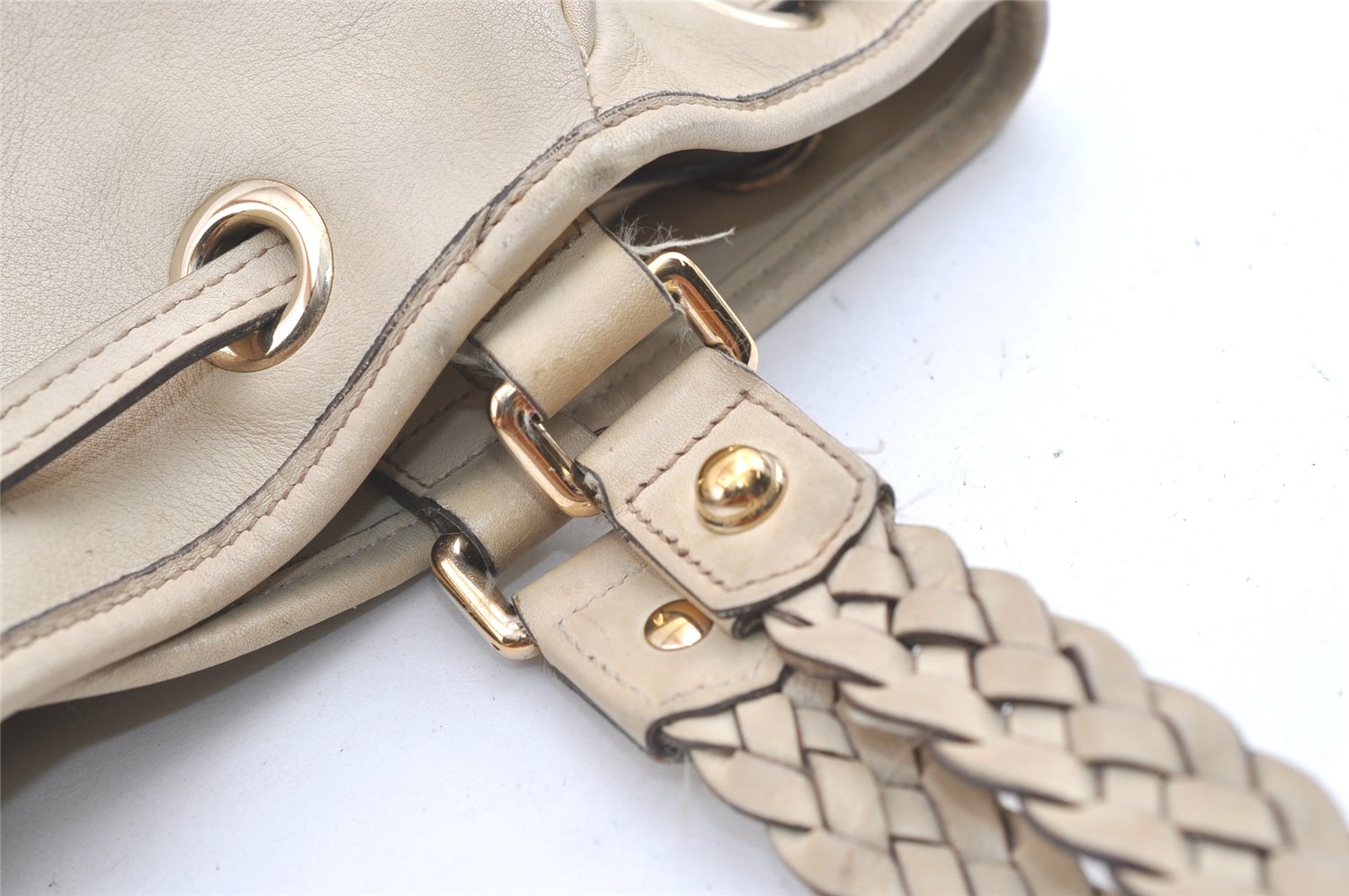 Authentic GUCCI Bamboo Shoulder Tote Drawstring Bag Leather 170582 White 0244K