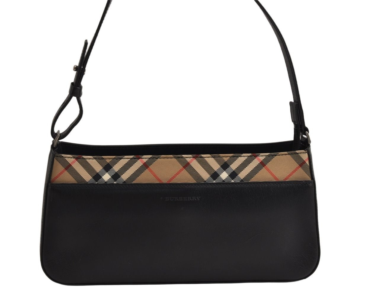 Authentic BURBERRY Nova Check Shoulder Hand Bag Purse Leather Black 0246K