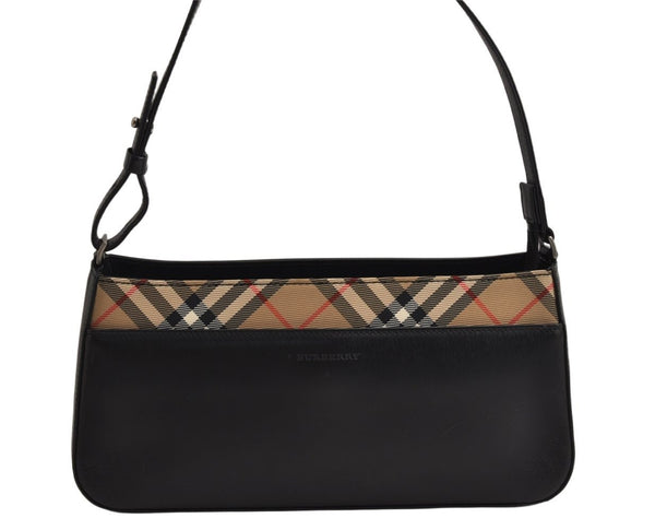 Authentic BURBERRY Nova Check Shoulder Hand Bag Purse Leather Black 0246K