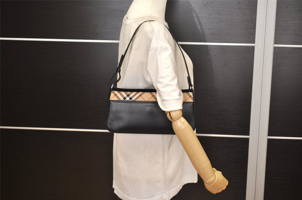 Authentic BURBERRY Nova Check Shoulder Hand Bag Purse Leather Black 0246K