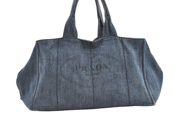 Authentic PRADA Vintage Canapa L Tote Hand Bag Denim Blue 0252K