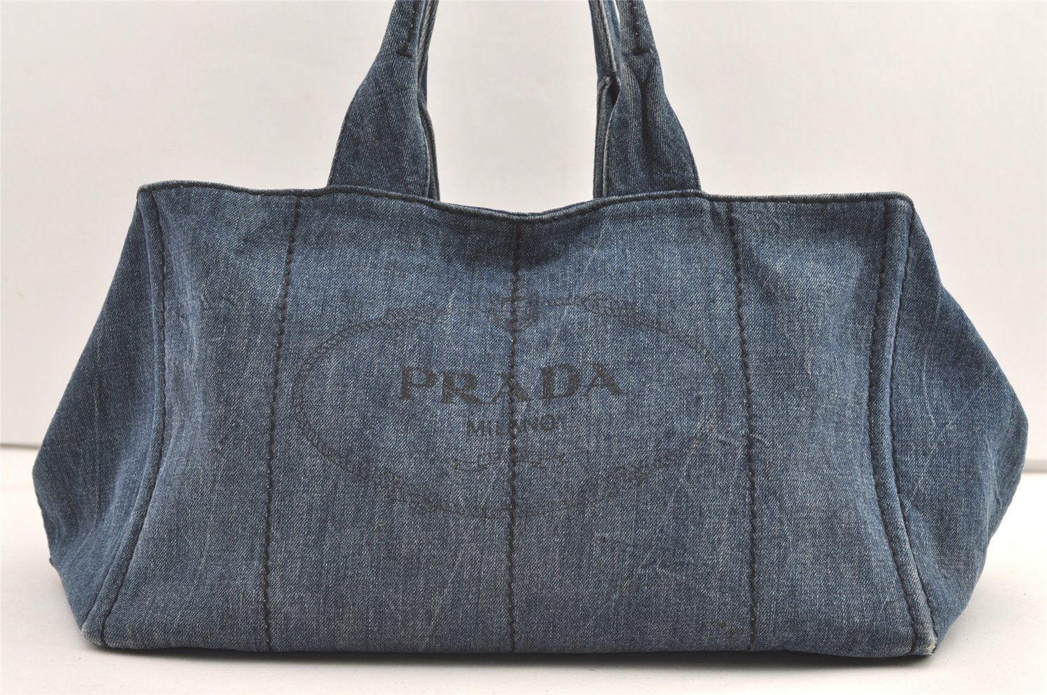 Authentic PRADA Vintage Canapa L Tote Hand Bag Denim Blue 0252K