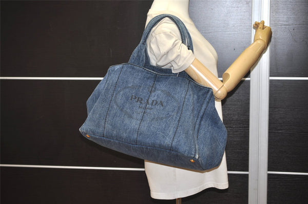 Authentic PRADA Vintage Canapa L Tote Hand Bag Denim Blue 0252K