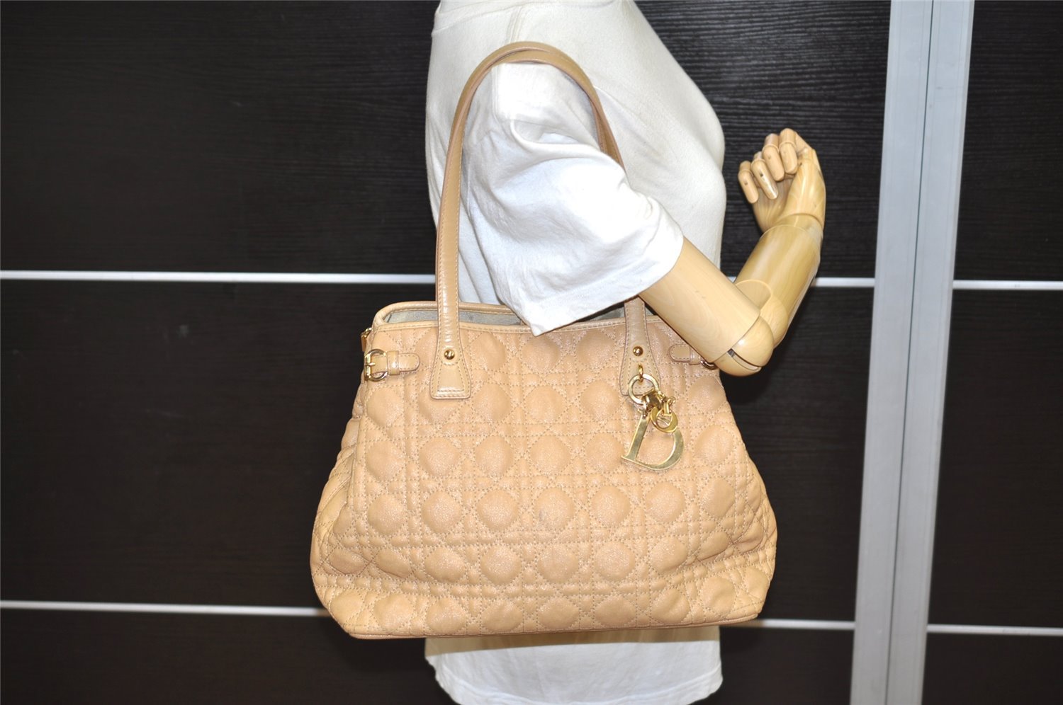 Authentic Christian Dior Panarea Cannage Tote Bag PVC Leather Beige 0255K