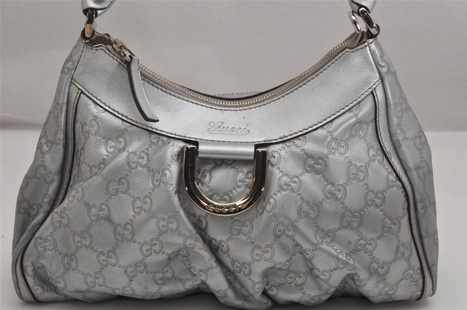 Authentic GUCCI Guccissima Abbey Shoulder Bag GG Leather 190525 Silver 0257K