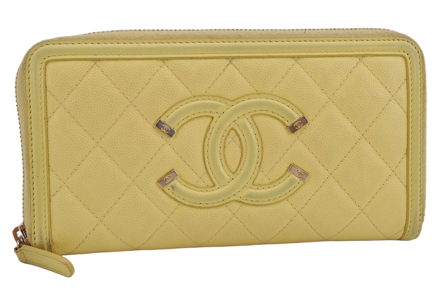 Authentic CHANEL CC Filigree Caviar Skin Matelasse CoCo Mark Wallet Yellow 0264K