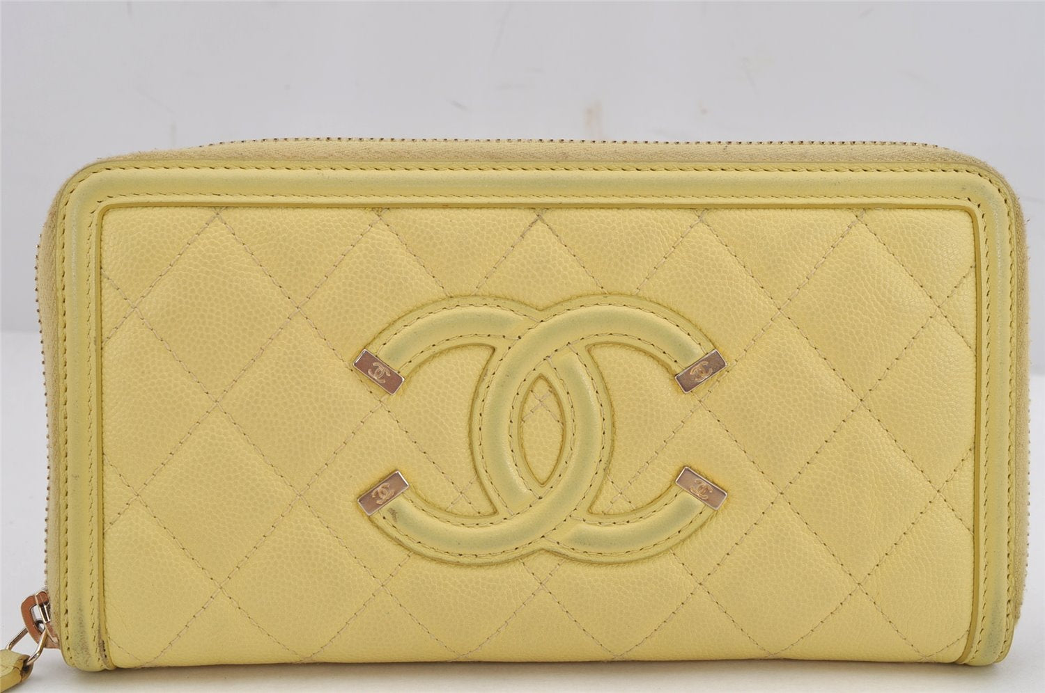 Authentic CHANEL CC Filigree Caviar Skin Matelasse CoCo Mark Wallet Yellow 0264K