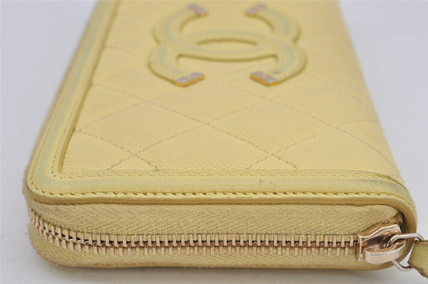 Authentic CHANEL CC Filigree Caviar Skin Matelasse CoCo Mark Wallet Yellow 0264K