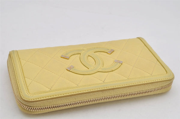 Authentic CHANEL CC Filigree Caviar Skin Matelasse CoCo Mark Wallet Yellow 0264K