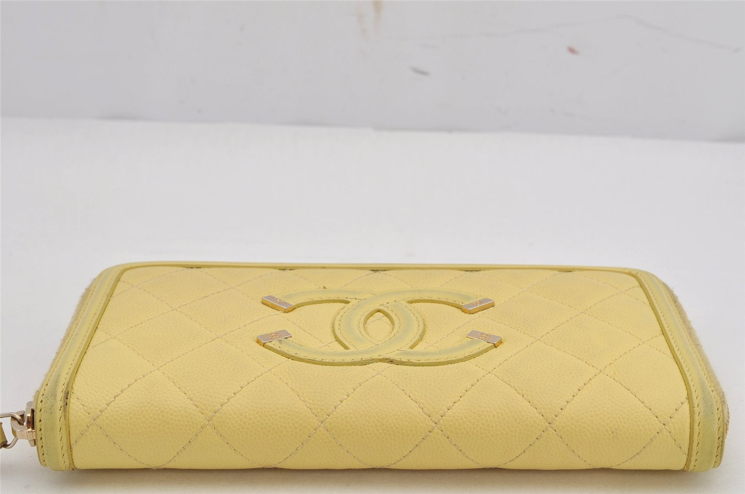 Authentic CHANEL CC Filigree Caviar Skin Matelasse CoCo Mark Wallet Yellow 0264K