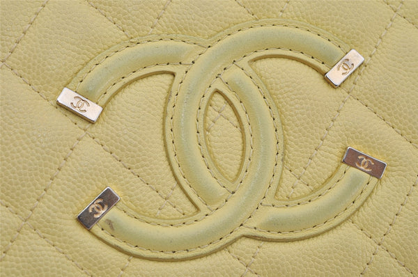 Authentic CHANEL CC Filigree Caviar Skin Matelasse CoCo Mark Wallet Yellow 0264K