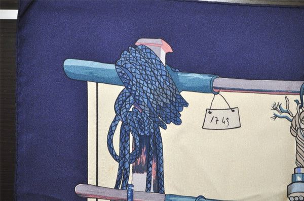 Authentic HERMES Carre 90 Scarf "Passementerie" Silk Navy Blue 0265J