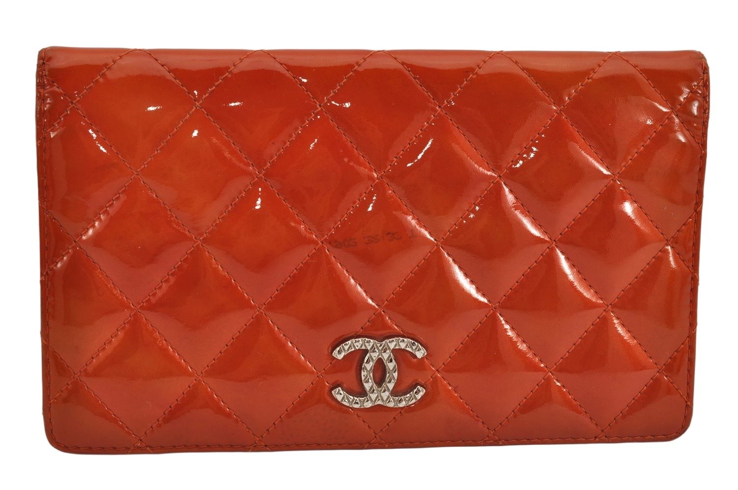 Authentic CHANEL Brilliant Enamel Matelasse Long Wallet Purse CC Orange 0266K