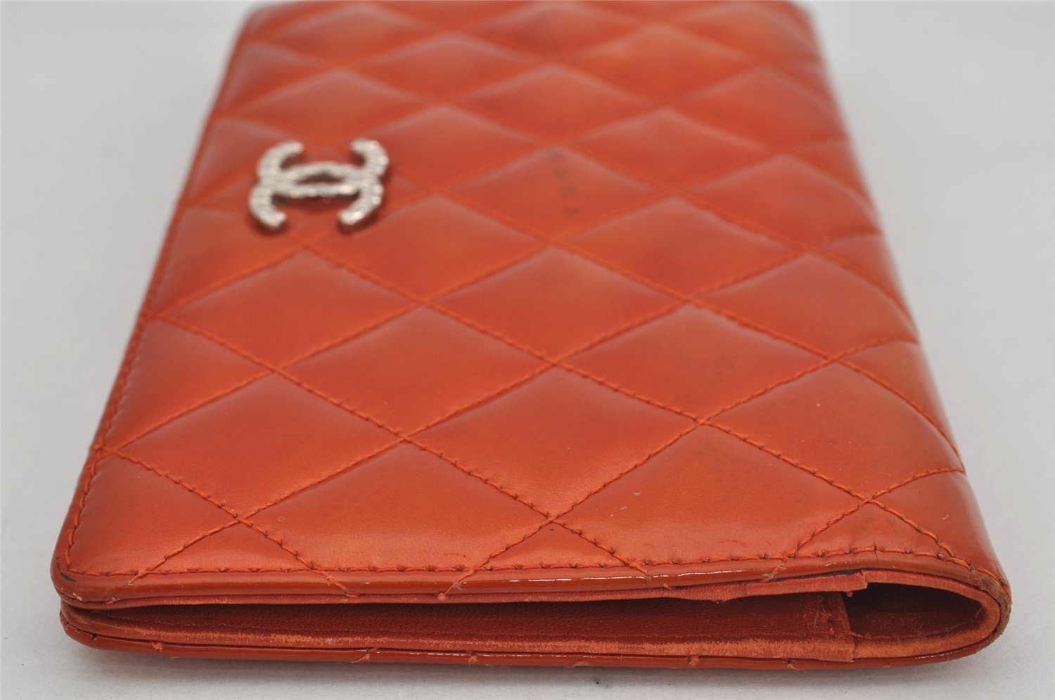 Authentic CHANEL Brilliant Enamel Matelasse Long Wallet Purse CC Orange 0266K