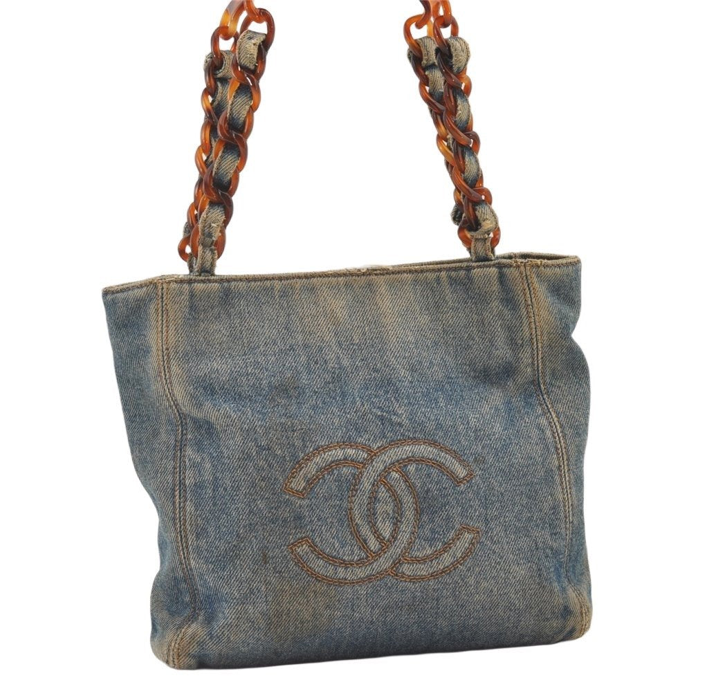 Authentic CHANEL CC Logo Hand Tote Bag Purse Denim Plastic Chain Blue 0268K