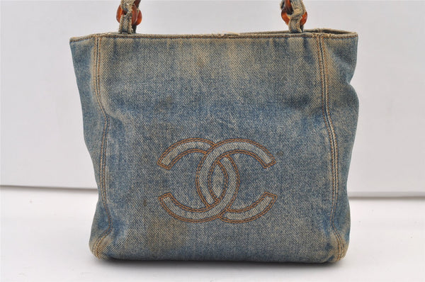 Authentic CHANEL CC Logo Hand Tote Bag Purse Denim Plastic Chain Blue 0268K