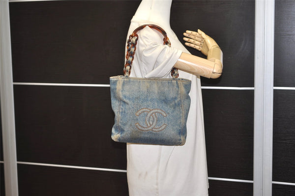 Authentic CHANEL CC Logo Hand Tote Bag Purse Denim Plastic Chain Blue 0268K