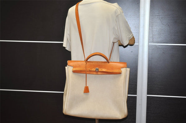 Authentic HERMES Her Bag MM 2 In 1 2Way Hand Bag Canvas Leather White Box 0269K