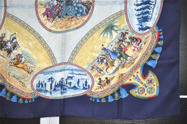 Authentic HERMES Carre 90 Scarf "CAVALIERS PEULS" Silk Navy Blue 0280J