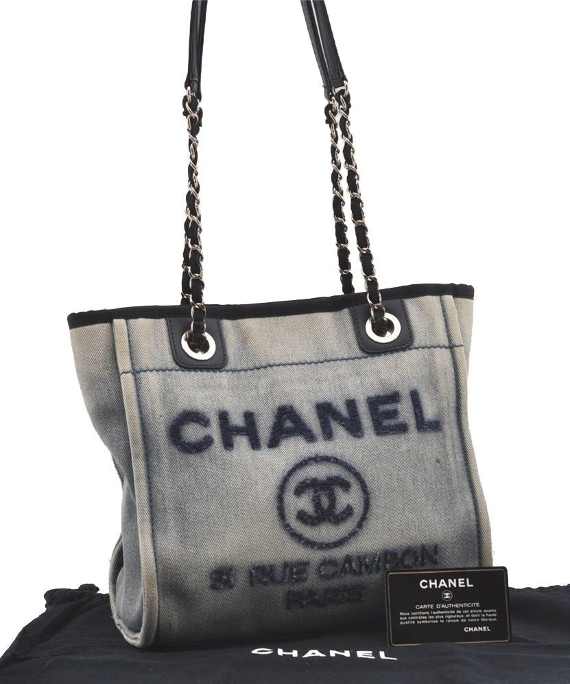 Authentic CHANEL Deauville Line CC Logo Chain Tote Bag Denim Leather Blue 0281J