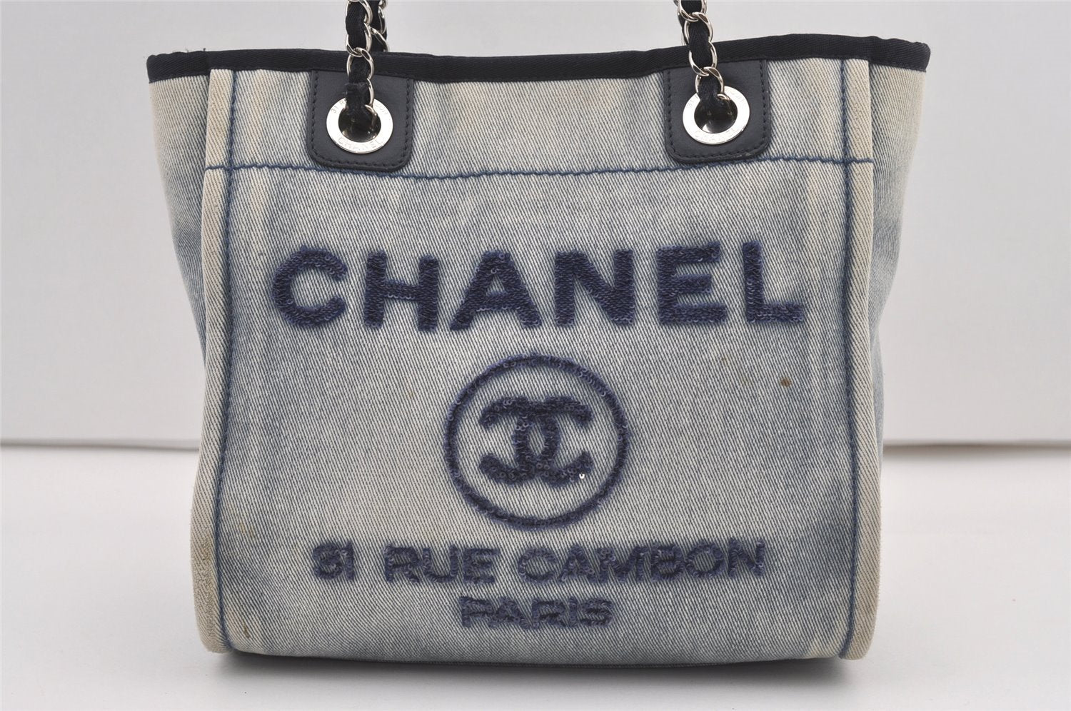 Authentic CHANEL Deauville Line CC Logo Chain Tote Bag Denim Leather Blue 0281J