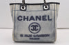 Authentic CHANEL Deauville Line CC Logo Chain Tote Bag Denim Leather Blue 0281J